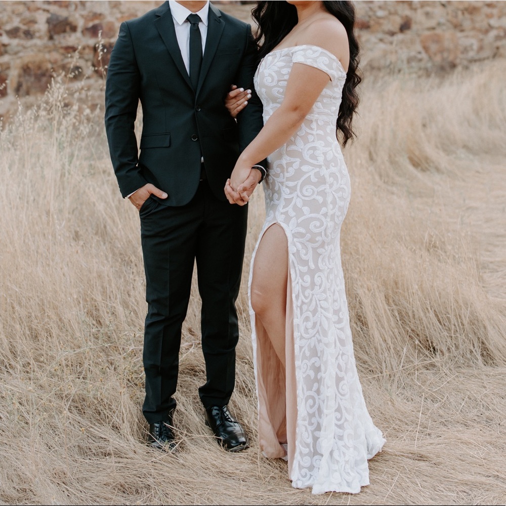 OFF THE SHOULDER SEQUIN MESH MERMAID DRESS